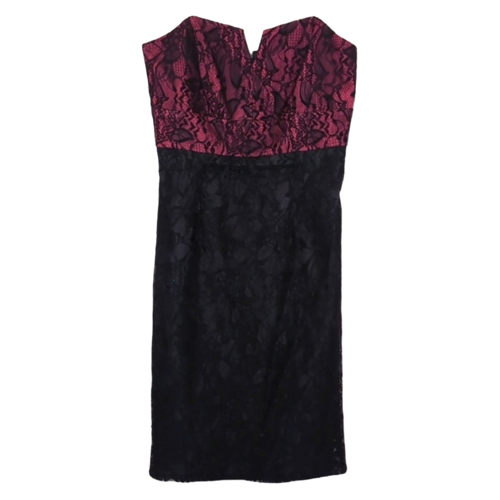 Vintage Le Chateau Women's‎ Small Strapless Black Pink Lace V Neck Midi Dress